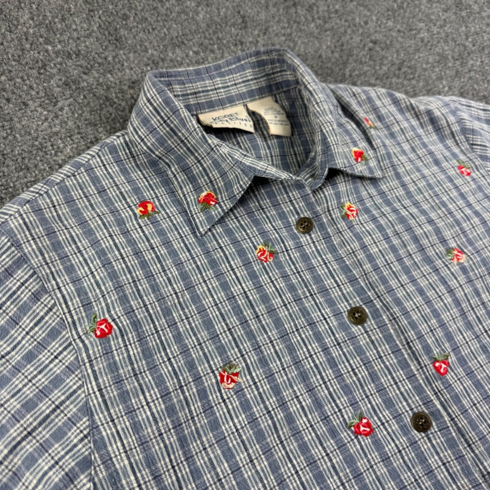Koret City Blues Button Up Shirt P Blue Plaid Floral Embroidered Men